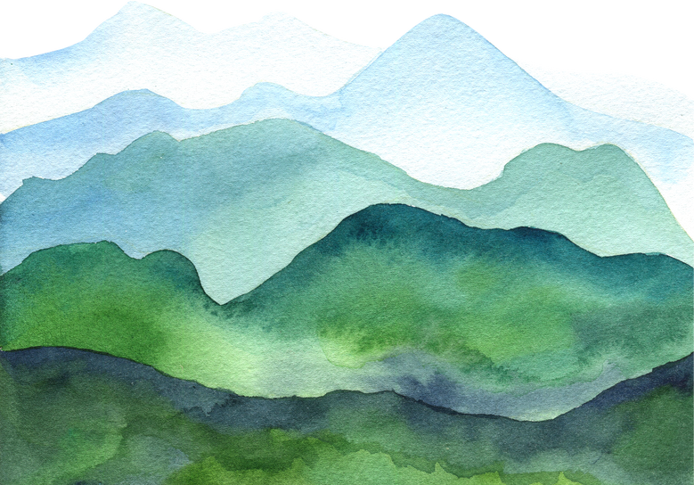 Watercolor landscape with mountains and heels